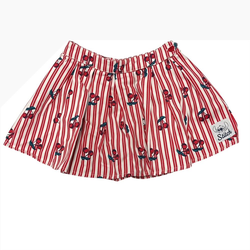 Disney Stitch Girls Red White Striped Cherry Print Pleated Skirt 2T Cotton